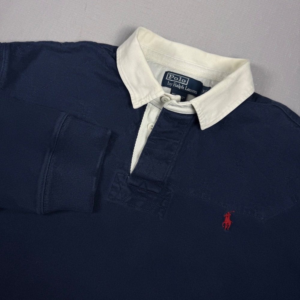 VTG Polo Ralph Lauren Mens XL Navy Blue Quilted Shoulder Long Sleeve Rugby Shirt